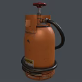 Orange Industrial Pump With Red Knob Black Hose And Warning Label