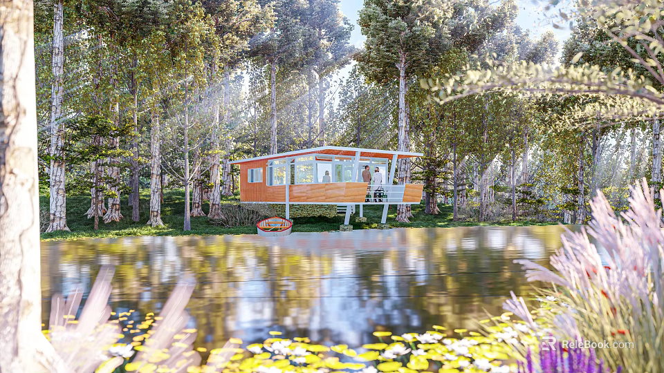 Cozy Wooden House Surrounded By Trees Near Lake With Lily Pads And Sunlight 3d model 
