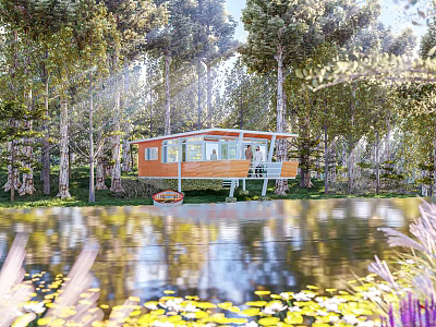 Cozy Wooden House Surrounded By Trees Near Lake With Lily Pads And Sunlight 3d model