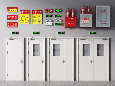 Fire Safety Equipment Setup With White Doors Fire Hydrant Cabinets And Extinguishers 3d model