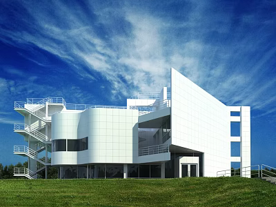Contemporary White Modern Building With Geometric Design Featuring Balconies Green Lawn And Blue Sky 3d model