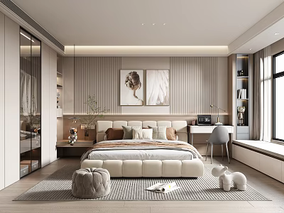 Modern Bedroom Interior With Comfortable Bed Wall Art Desk And Window Nook 3d model