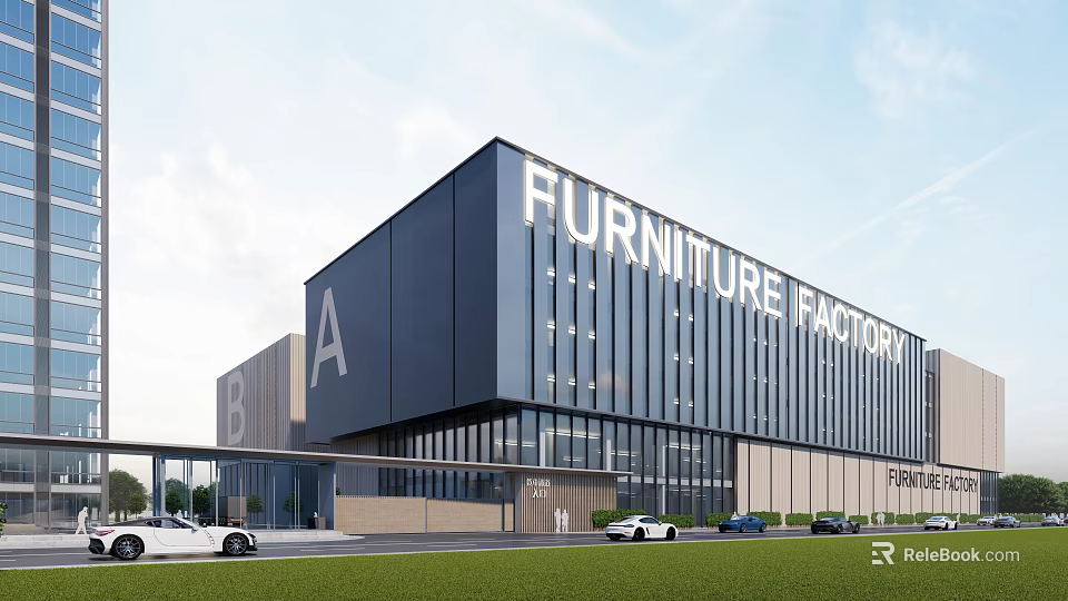 Modern Furniture Factory Industrial Building With Glass Facade Parking And Lawn 3d model 