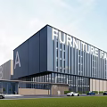 Modern Furniture Factory Industrial Building With Glass Facade Parking And Lawn