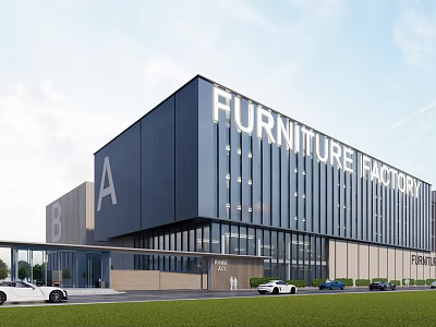 Modern Furniture Factory Industrial Building With Glass Facade Parking And Lawn 3d model
