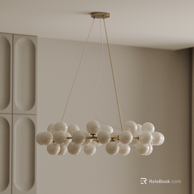 Modern Chandelier With White Glass Balls And Golden Metal Frame In Interior Space 3d model 
