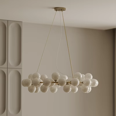 Modern Chandelier With White Glass Balls And Golden Metal Frame In Interior Space 3d model