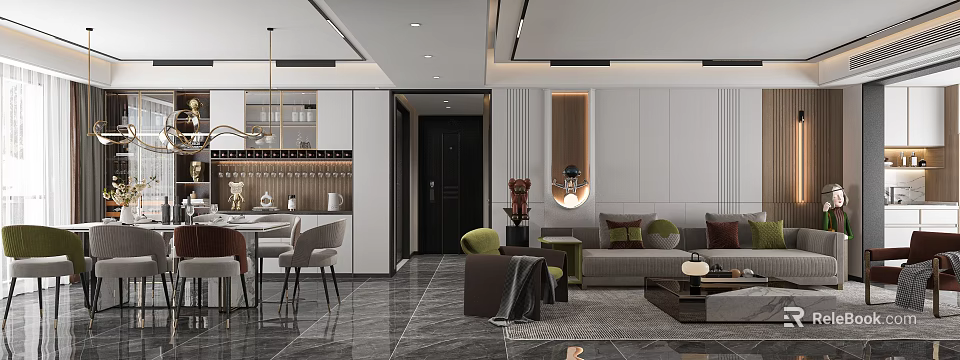 Modern Dining Living Room Interior With Sofa Dining Table And Decorative Lighting 3d model