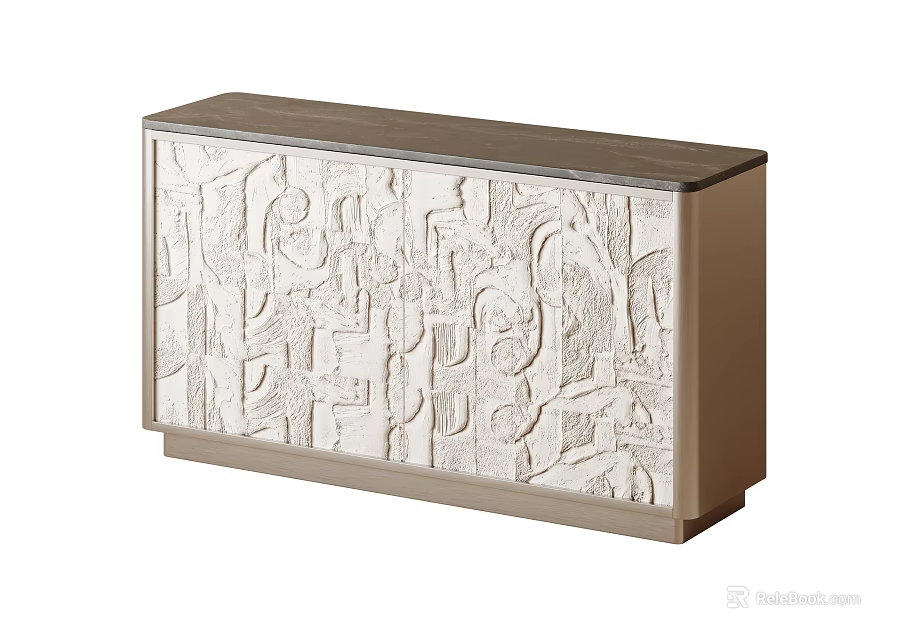 Modern Console Side Cabinet With Cream White Embossed Pattern And Light Brown Top 3d model 
