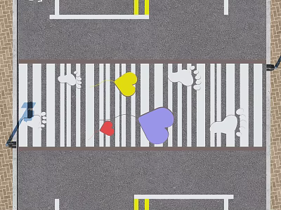 Municipal Road With Zebra Crossing And Colorful Heart Patterns On Paved Surface 3d model