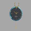 Decorative Wall Clock with Antler Decoration Black Dial Blue Edge and Golden Pendulum