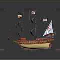 Vintage Wooden Sailing Ship Model With Multiple Sails And Decorative Flags