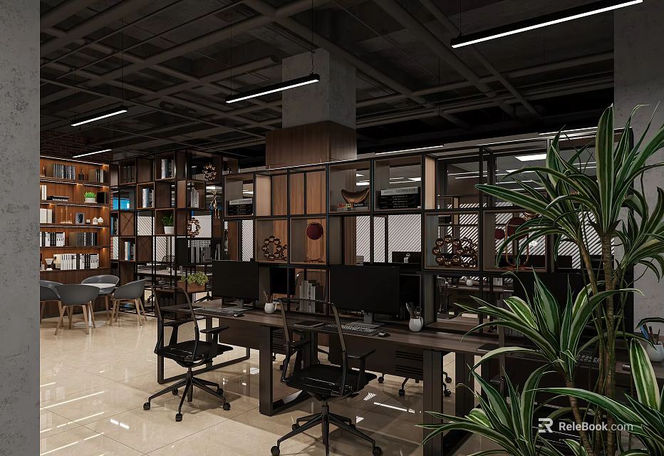Open Concept Modern Public Office Space Featuring Desks Computers Bookshelves And Green Plants 3d model 
