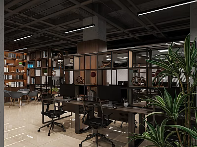 Open Concept Modern Public Office Space Featuring Desks Computers Bookshelves And Green Plants 3d model