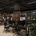 Open Concept Modern Public Office Space Featuring Desks Computers Bookshelves And Green Plants