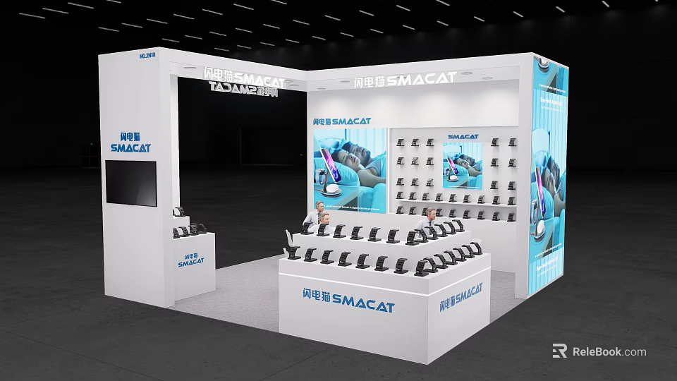 SMACAT Exhibition Booth With White And Blue Design Display Products On Shelves And Showcase 3d model 