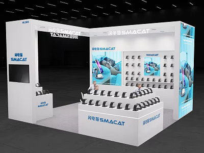 SMACAT Exhibition Booth With White And Blue Design Display Products On Shelves And Showcase 3d model