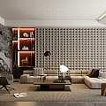 Modern Living Room Interior Design With TV Wall Unit Shelves Fireplace And Decorative Items