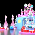 Castle Like Pink And Blue Art Installation With Transparent Christmas Trees Stars And Spheres