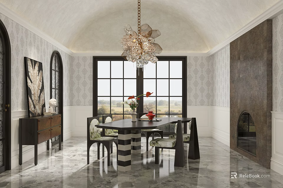 Elegant Restaurant Interior With Chandelier Dining Table Chairs Large Windows And Marble Floor 3d model 