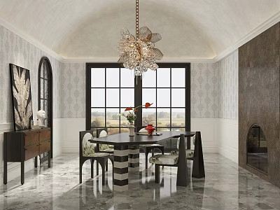 Elegant Restaurant Interior With Chandelier Dining Table Chairs Large Windows And Marble Floor 3d model