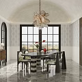 Elegant Restaurant Interior With Chandelier Dining Table Chairs Large Windows And Marble Floor