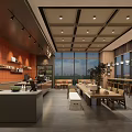 Modern Café Interior Design With Orange Walls Wooden Ceiling Coffee Bar And Cozy Seating