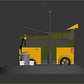 3D Model Green Yellow Bus With Street Lamp Fire Hydrant Manhole Cover On Circular Platform