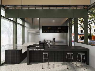 Modern Coffee Shop Interior Design With Good Time Sign Black Bar Counter And High Stools 3d model