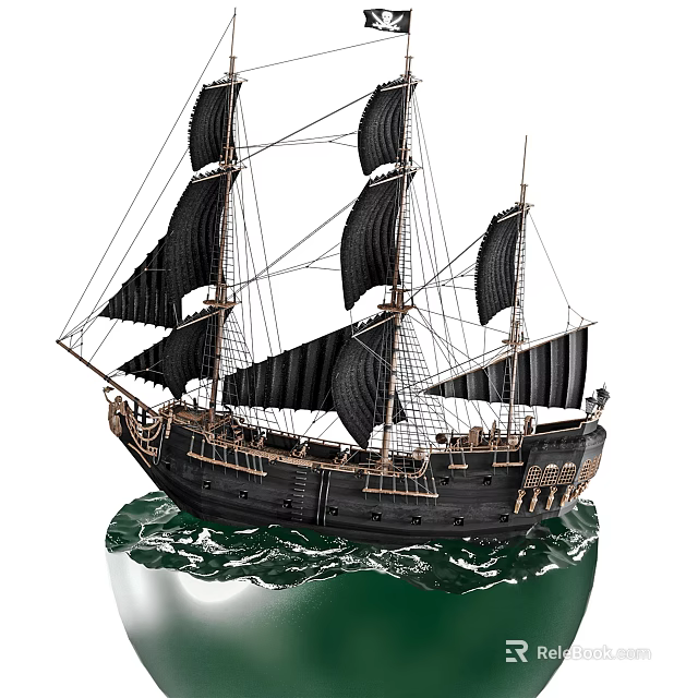 Decorative Ornament Set Black Sailboat Model With Black Sails On Green Wave Base 3d model 