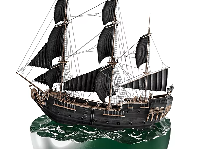 Decorative Ornament Set Black Sailboat Model With Black Sails On Green Wave Base 3d model