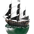 Decorative Ornament Set Black Sailboat Model With Black Sails On Green Wave Base