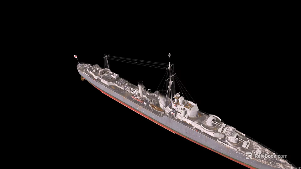 Detailed Warship Model With Gray Hull Red Bottom Superstructure And Masts 3d model 