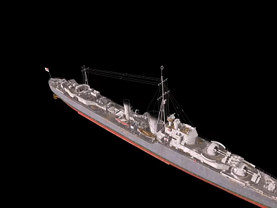 Detailed Warship Model With Gray Hull Red Bottom Superstructure And Masts 3d model
