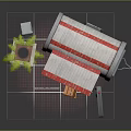 Street Food Cart With Red White Striped Awning Palm Tree And Wooden Chair Setup
