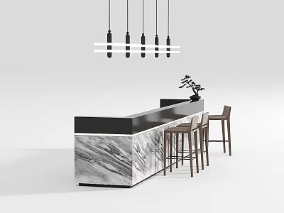 Modern Bar Counter With Marble Top And Hanging Pendant Lights And Wooden Bar Stools 3d model