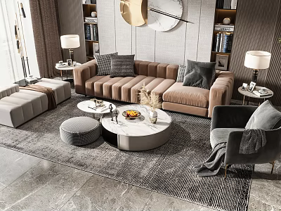 Modern Beige Sofa and Round Coffee Table Set With Gray Cushions Accent Chair Ottoman 3d model