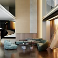 Modern Duplex Living Room Interior With Spiral Staircase Curved Sofa Coffee Tables And Floor to Ceiling Windows