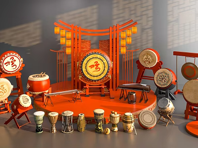 Traditional Chinese Musical Instruments And Art Supplies With Red Drums Multiple Art Tools And Lanterns 3d model