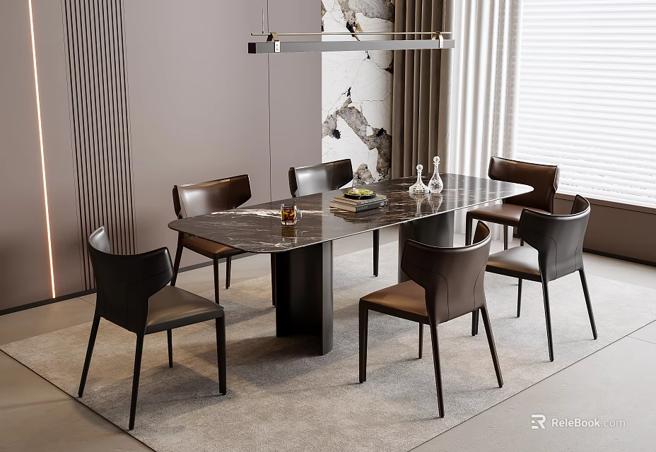 Modern Dining Table Set With Marble Top Six Dark Leather Chairs And Overhead Pendant Light 3d model