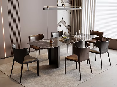Modern Dining Table Set With Marble Top Six Dark Leather Chairs And Overhead Pendant Light 3d model