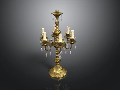 Decorative Brass Candelabra With Multiple Arms White Candles And Crystal Pendants 3d model