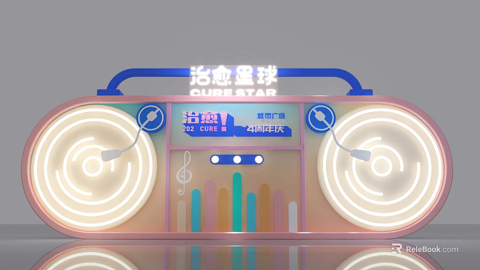 Shop Front Desk with Cute Planet Neon Lights Circular Glowing Music Notes and Birthday Celebration 3d model 