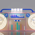 Shop Front Desk with Cute Planet Neon Lights Circular Glowing Music Notes and Birthday Celebration