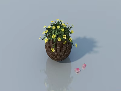 Beautiful Potted Plant With Yellow Flowers And Green Leaves In Woven Basket With Pink Petals On Smooth Surface 3d model