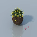 Beautiful Potted Plant With Yellow Flowers And Green Leaves In Woven Basket With Pink Petals On Smooth Surface