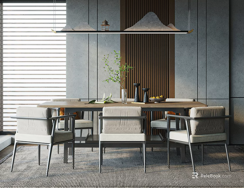 Modern Dining Table Set With Four Chairs Pendant Lights And Table Decor On Grey Wall 3d model