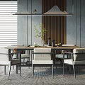 Modern Dining Table Set With Four Chairs Pendant Lights And Table Decor On Grey Wall 3d model