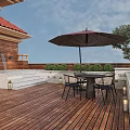 Cozy Terrace Garden With Wooden Deck Gray Sofa Brown Umbrella And Green Plants