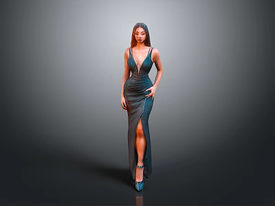 Elegant Woman in Deep Blue Gown with High Slit and High Heels on Gray Background 3d model